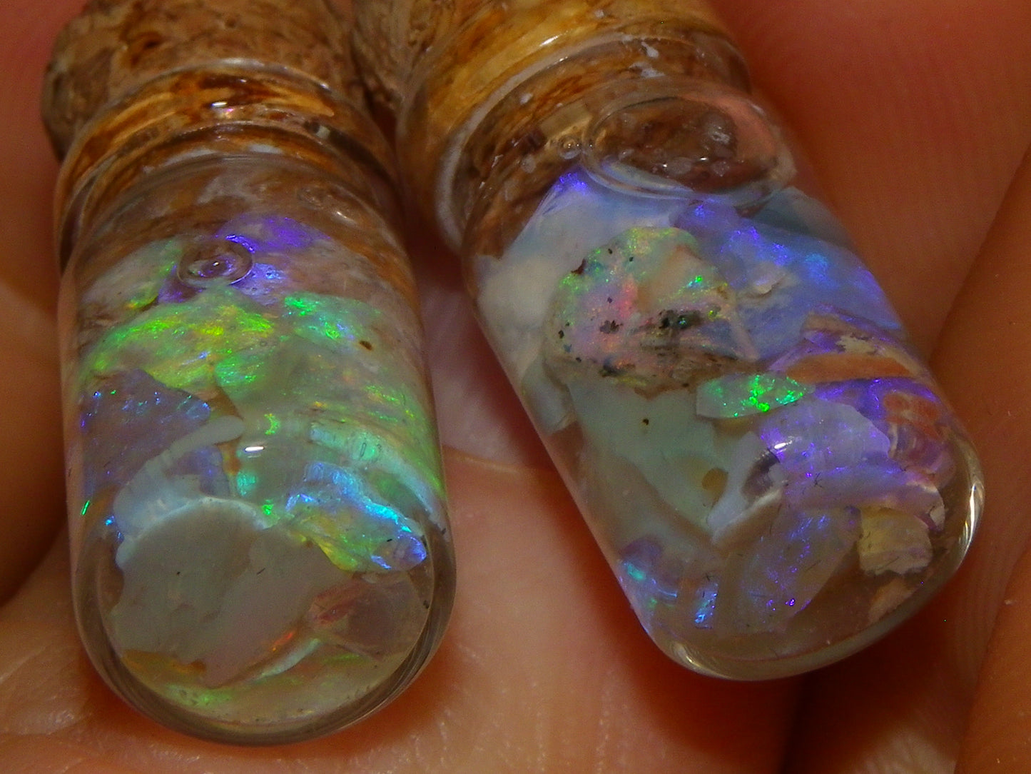 2 Nice Glass Jar Opal Pendants with Chains Lightning Ridge Opal Chips + Water Australia