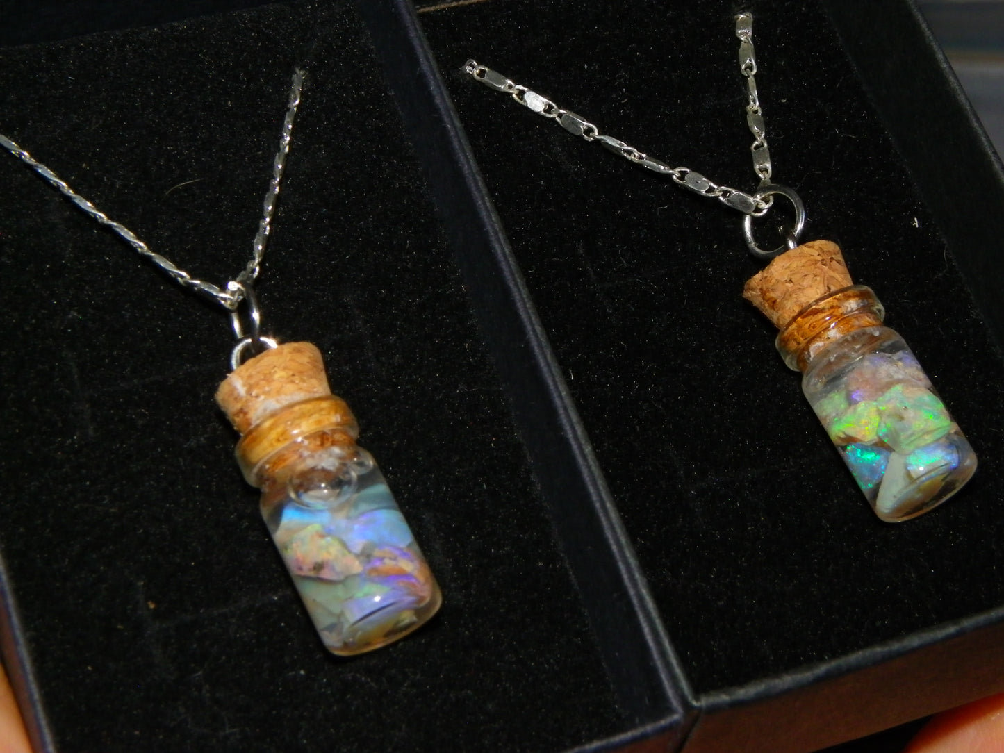 2 Nice Glass Jar Opal Pendants with Chains Lightning Ridge Opal Chips + Water Australia