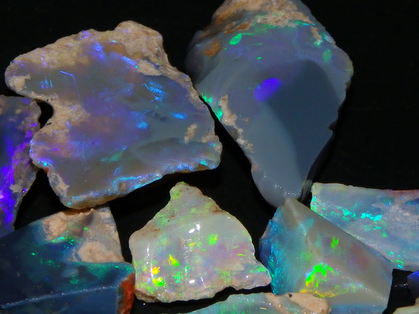 Nice Rough/Sliced/Rubbed Lightning Ridge Opals 63.8cts Blue/Green/Purple Fires