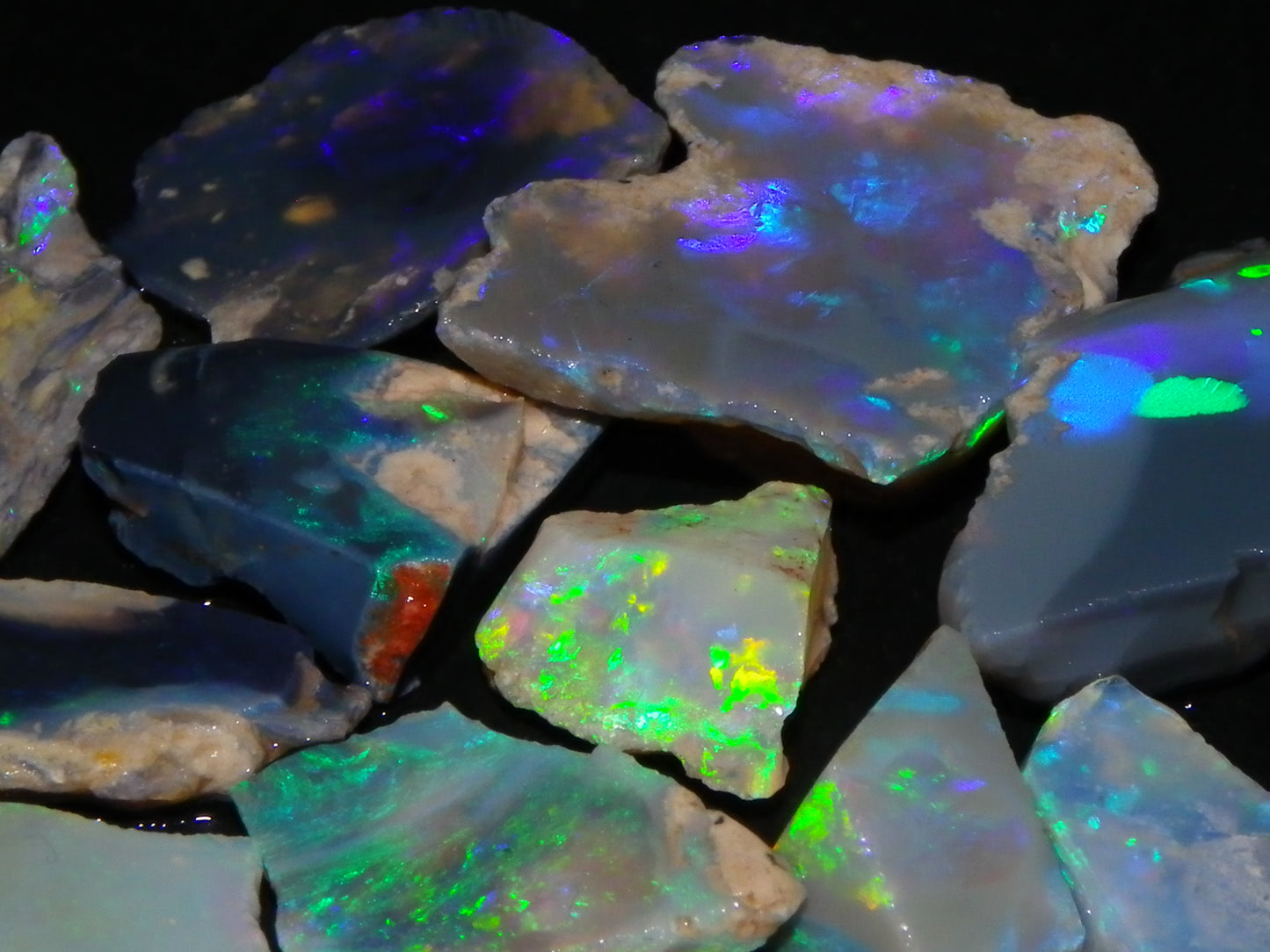 Nice Rough/Sliced/Rubbed Lightning Ridge Opals 63.8cts Blue/Green/Purple Fires