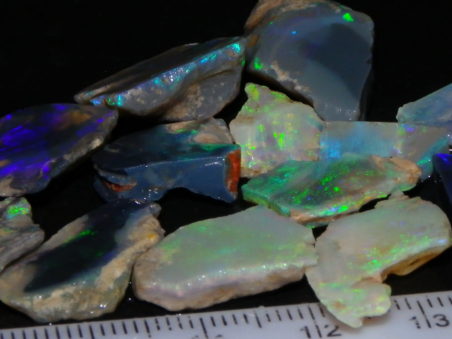 Nice Rough/Sliced/Rubbed Lightning Ridge Opals 63.8cts Blue/Green/Purple Fires