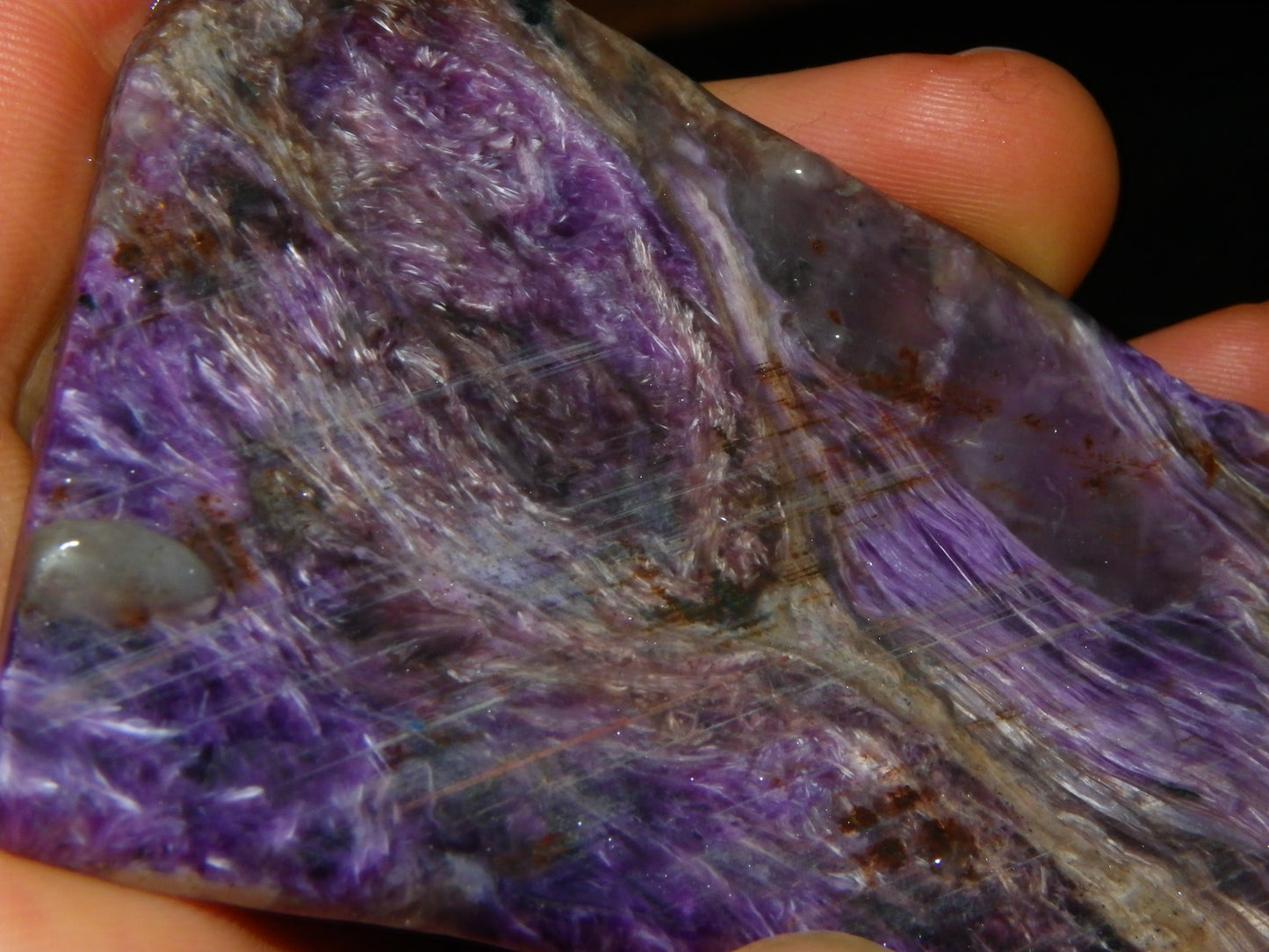 Nice Large Rough Charoite Slice 413.5cts Polished/Coated Purples/Host Rock :)