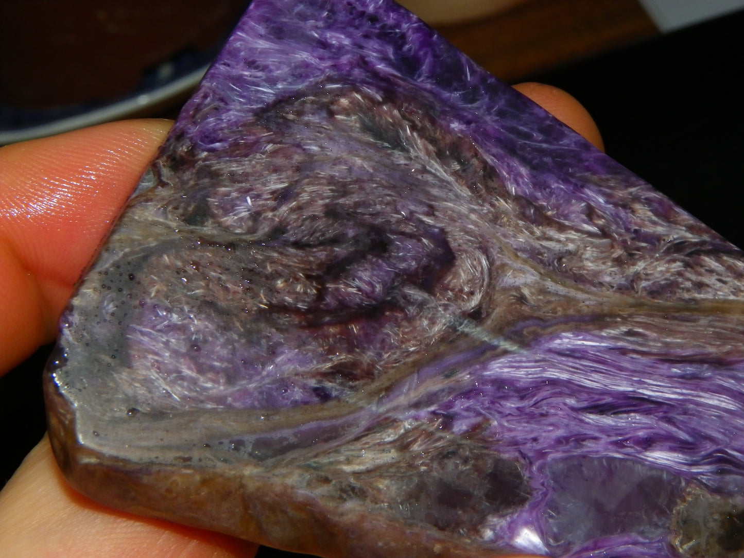 Nice Large Rough Charoite Slice 413.5cts Polished/Coated Purples/Host Rock :)