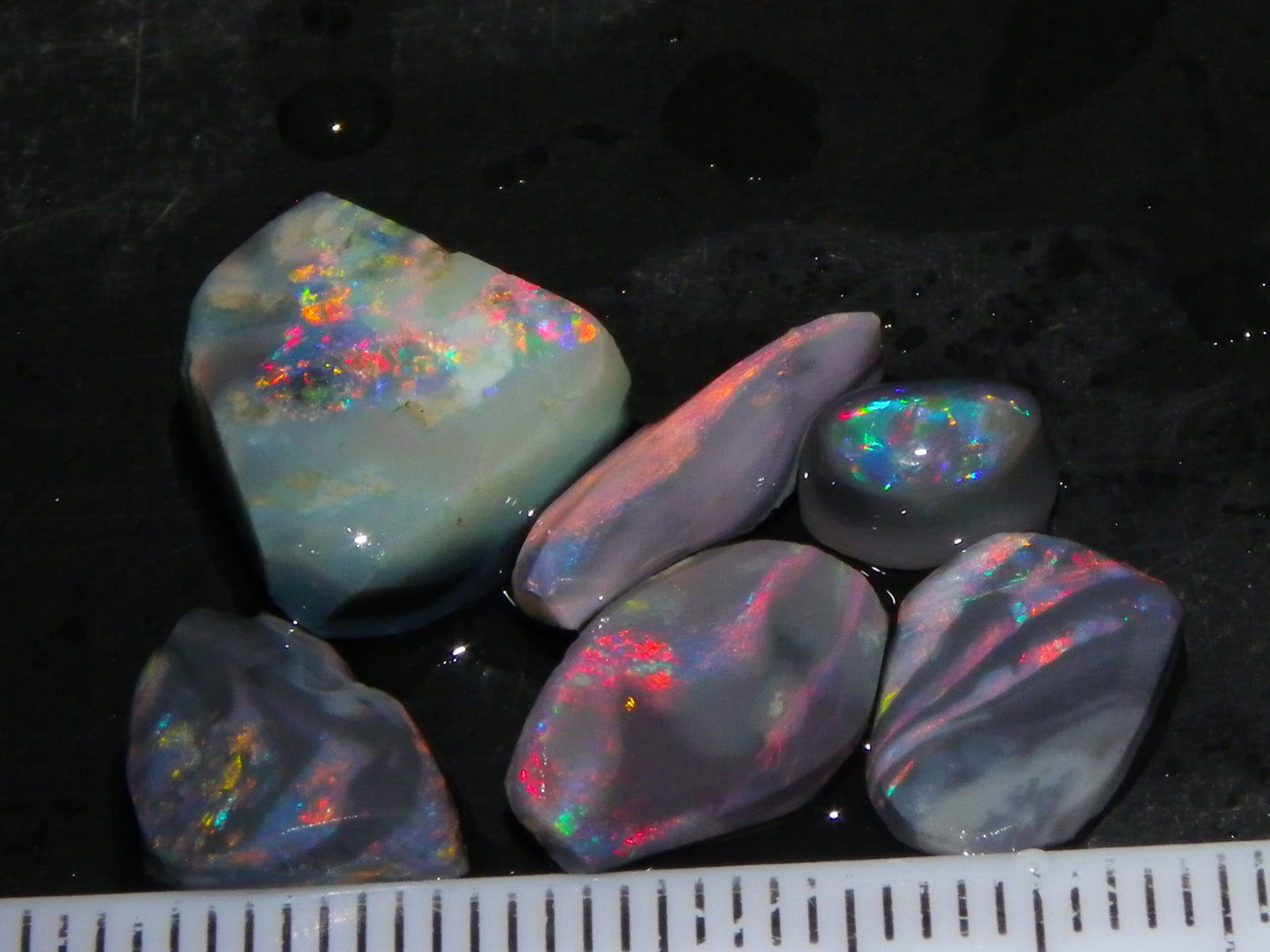 Nice Lightning Ridge Opal Rubs/Rough Parcel 12.9cts Black/Dark Base Reds/Patterns