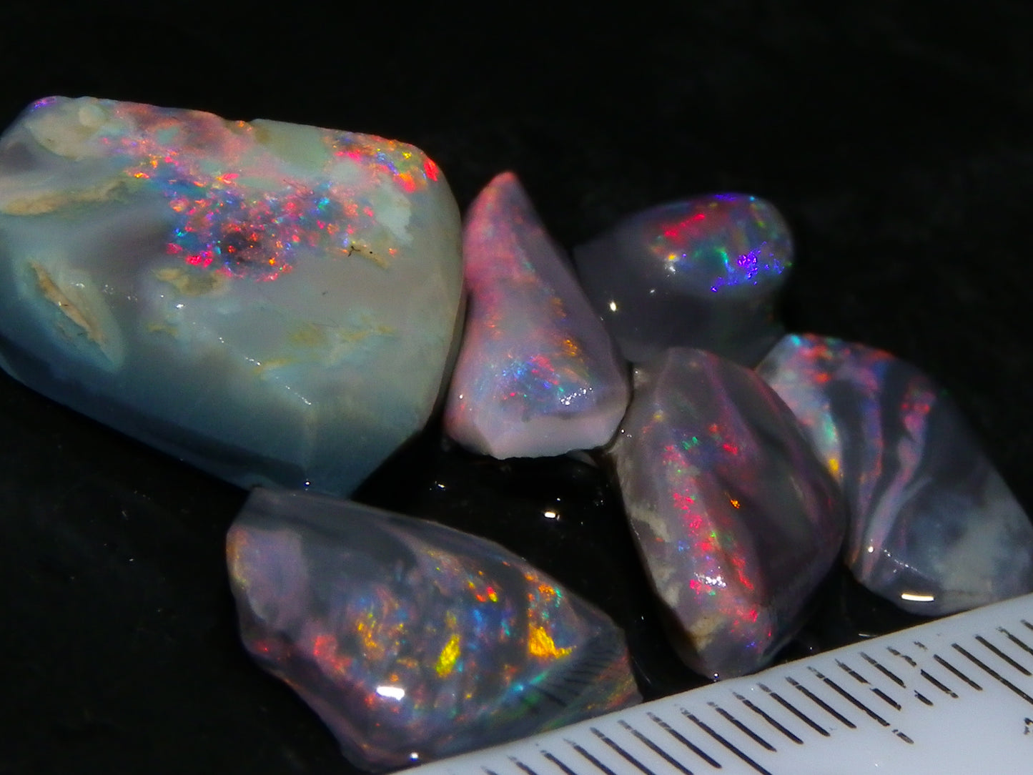 Nice Lightning Ridge Opal Rubs/Rough Parcel 12.9cts Black/Dark Base Reds/Patterns