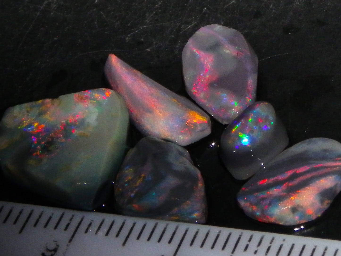 Nice Lightning Ridge Opal Rubs/Rough Parcel 12.9cts Black/Dark Base Reds/Patterns